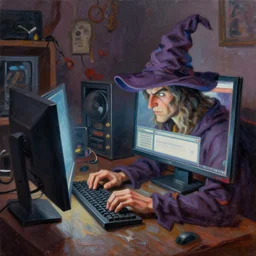 matte oil painting, wizard gaming on his computer, as a mtg character, typing on a keyboard, big screen, 8 0 s style, inside a cluttered lan party, wrinkled wizard hat, extremely detailed, digital illustration, concept art, readability, impasto, sharp focus, art by brothers hildebrandt, art by alex grey