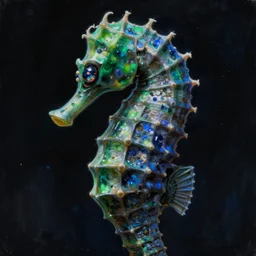close - up portrait of a seahorse mecha with pearlescent eyes, deep green and blue colors, highly detailed science fiction painting by syd mead, roger dean, and moebius. rich colors, high contrast, moody atmosphere, cosmic black background. unreal engine, artstation.