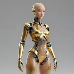 futuristic girl robot :: gold exoskeleton :: tan transparent skin :: grey background :: realistic octane render