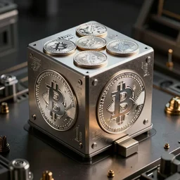 a mintery cube coinage machine that mints bitcoins and silver Tezos modern coins