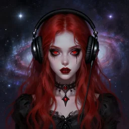 gothic girl with red hair and red eyes wearing headphones with galaxy background. digital painting, by valerian city of a thousand planets, by ruan jin #, by mandy jurgens #, by artgerm #, william - adolphe bouguerea #