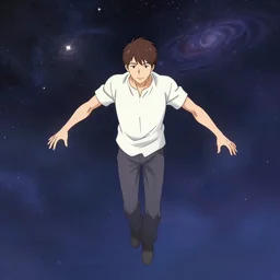 man with short brown hair, hovering above the ground, arms reaching out channeling the cosmos, anime style