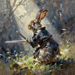 rabbit swordsman, brush strokes, oil painting, kazuki takahashi