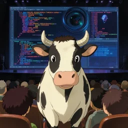 anime studio ghibli cow in front of an audience alien abduction instruments zeiss lens algorithm code masterpiece stage lighting painting by tokio aoyama high contrast 8 k realistic paint texture