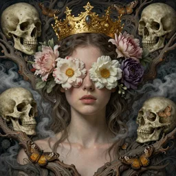 ornate, intricate, young, beautiful, woman, ethereal, flowers covering eyes, skulls, art by emil melmoth, gustave dore, craig mullins, yoji shinkawa, art germ, pete morbacher, hyper detailed, high detail, artstation, hyperrealistic, octane, unreal engine 5, cinematic, branches, ghost, clouds, colors, moths, gold, crown,