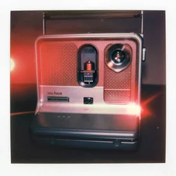 analog vintage photography portrait polaroid of the inside of a transistor radio, red color bleed, heavy film grain, bloom, glow