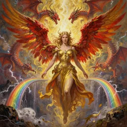 a realistic detail portrait of a beautiful female angle in heaven, Ragnarok, rainbow bridges raining, thunder, magic, dragon, oil painting by Julian calle, wlop, greg rutkowski, Finnian MacManus, Trending on artstation, red  and yellow scheme, 8k, RE Engine