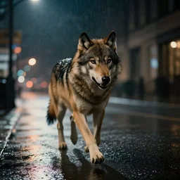 an anthropomorphic male wolf running in the streets, night, rain, cinematic, photograph, volumetric lighting, f 8 aperture, cinematic eastman 5 3 8 4 film, photorealistic