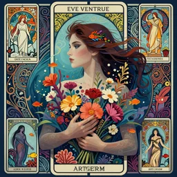 profile portrait of a beautiful mysterious woman underwater, hidden hands holding a bouquet of flowers, corals and fish, by eve ventrue, michael carson, andreas rochas, john watkiss, casey weldon, artgerm. art nouveau. tarot card by mucha. gloomhaven. swirly intricate linework background. gaudy colors, sharp edges. octane render