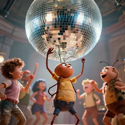 a closeup photorealistic image of characters from a bug's life dancing below a disco ball to dubstep music. film still bright scene. fine detail. this 4 k hd image is trending on artstation, featured on behance, well - rendered, extra crisp, features intricate detail, epic composition and the style of unreal engine.