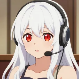 high quality anime visual of a cute girl, with red eyes!!!! and long white hair!!!! wearing a headset in her room interior, art by ilya kuvshinov, crunchyroll, pixiv, danbooru, hd, detailed anime face, cel shaded, smooth lips