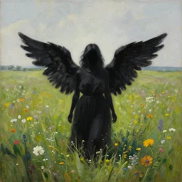 black angel with no face standing in distance looking at you in a beautiful meadow of flowers, painting by alex gray