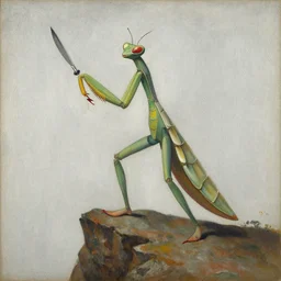 Man wearing a praying mantis costume standing on a cliff brandishing an orb uni-ball palette knife eric gill charlie bowater guillem h. pongiluppi donato giancola Bastien Lecouffe-Deharme j.c. leyendecker eleanor fortescue-brickdale encaustic silverpoint