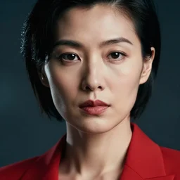 an extreme close up portrait photograph by annie leibovitz depicting a beautiful and severe looking asian businesswoman in her 5 0's wearing a red suit. she stares intently into the distance. subsurface scatter, portrait photograph, highly detailed, 4 k, dslr 5 0 mm f / 2 iso 2 0 0, sci fi, bladerunner 2 0 4 9