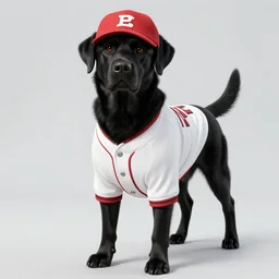 A black labrador dog wearing baseball gear