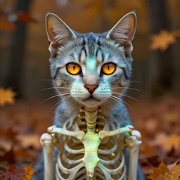 luminescent cat, symmetrical, highly detailed, digital art, sharp focus, skeleton, trending on art station, amber eyes, autumnal