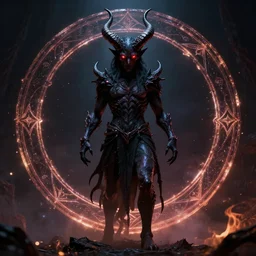 [ genie, demon, horns on head, glowing red eyes, male, horns, full body, proportional, symmetry, sinister, macabre, dark, evil, shimmering, glowing particles, 8 k, super resolution, insane details, super details, octane render ] + [ magic circle to another dimension, background, perfect circle, shimmering, glow, glowing particles, flames, 8