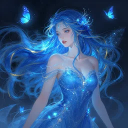 beautiful faery sorceress, glowing blue butterflies, flowing blue hair, golden streaks, digital spray brush, in the style of artgerm, illustration, epic, fantasy, intricate, hyper detailed, artstation, concept art, smooth, sharp focus, vibrant, indi creates