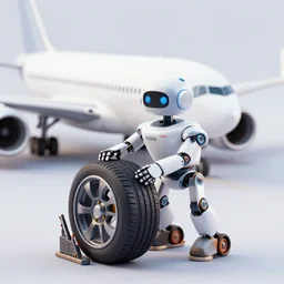 an aeroplane, a small realistic robot fixing tyres