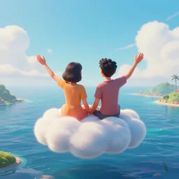 conceptual art of one loving couple sitting on a cloud with palms, high in the sky above a paradisiac  ocean, mattepainting concept pixar maya engine on stylized background  global illumination lighting artstation