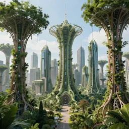 futuristic sci - fi city made of trees, buildings made of giant trees, organic engineering