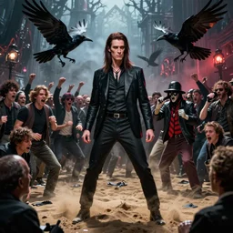 highly detailed full body portrait of nick cave as sandman from dc comics fighting a large crowd, the crow, unreal engine, global ilumination, scary atmospheric lighting, sharp focus, vivid color scheme, gothic fantasy art by cristian sauret, greg rutkowski, lee bermejo, carlos huante, artgerm, makoto shinkai and clay mann