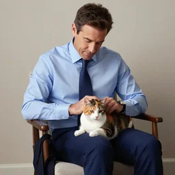 Andy Richter wearing a blue dress shirt necktie navy dress pants sitting in a chair petting a calico cat
