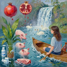 emo student in her apartment, a river flooding inside, medical supplies, pigs, plants in glass vase, pork meat, water, river, rapids, canoe, pomegranate, berries dripping, waterfall, swans, acrylic on canvas, surrealist, by magritte and monet