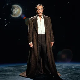the full body shot of arrogant salvador dali in the role of emperor of universe | still frame from the prometheus movie by ridley scott with cinematogrophy of christopher doyle and art direction by hans giger, anamorphic bokeh and lens flares, 8 k, higly detailed masterpiece