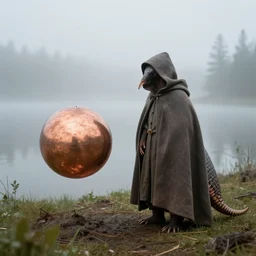 an armadillo, wearing a hooded cloak, stands next to a levitating copper orb, foggy lake, by alan bean