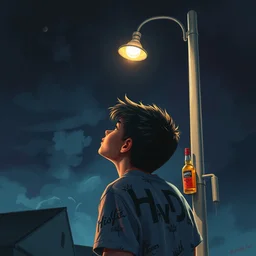 a boy looking towards a dark sky, poorly lit street light, bottle of booze, hype beast clothing, digital painting, stunning digital art, highly detailed