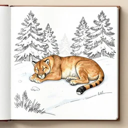 crayon colouring book showing 'a cougar sleeping in the middle of snowy pine tree' laying on coffee table, zoomed out shot, HD