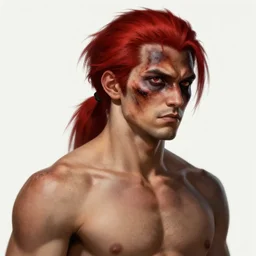 portrait, 30 years old man :: red hair ponytail :: burned face, grimy, rough, shirtless :: high detail, digital art, RPG, concept art, illustration