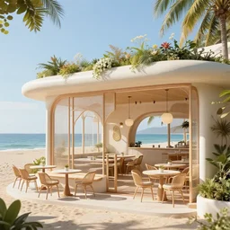 beautiful modern cafe in front of beach with high detail, architecture, 8 k, stunning detail, works by artgerm, greg rutkowski and alphonse mucha, unreal engine 5, 4 k, 8 k, uhd
