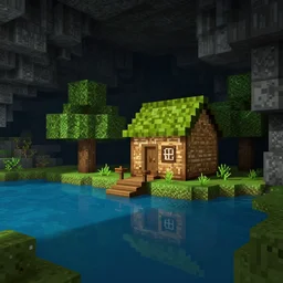 atmospheric render of a small cabin next to a lake inside a dark cavern, minecraft, rendered with blender, 4 k