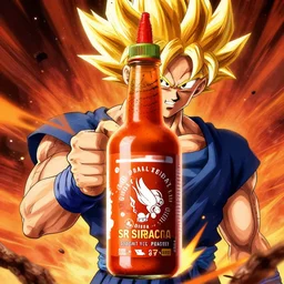a bottle of sriracha going super saiyan, anime, dramatic