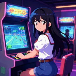 anime girl, fantastic lighting, arcade, videogame, pixel art, high detail, 1 6 bits, 2 d, sprite