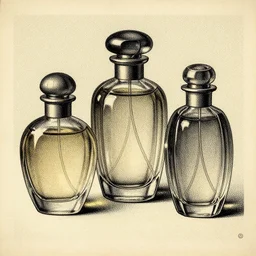 1 8 th century perfume bottles, inkdot painting on old paper by benday, dot art, epic, masterpiece, illustration, hdr, 8 k