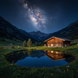 a beautiful double exposure of a photo by cassini, and a night time landscape with mountains, reflecting pool, wooden chalet, lpoty, award winning, apod