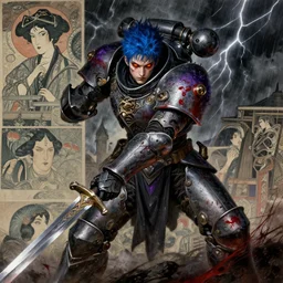 composition of gothic and futuristic young man, warhammer, cyber armor, activity with fight on swords, blood, scars, thunderstorm, blue head, fire eyes, some red and purple, the middle ages, highly detailed, artstation, in the style of moebius, jugendstil and classic japanese print, art by rene magritte and jean delville