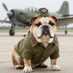 bulldog wearing royal air force 1942 fighter pilot uniform