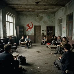 Daily life in the 80s in the USSR, gritty vintage, liminal space, communism, soviet union, dystopian society, very dramatic, very cinematic, history, photograph