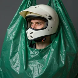 portrait of a knight in a motorcycle dirt helmet background, green plastic bag, by zdzisław beksinski, elegant, fashion studio, ighting, 3 5 mm, edward hopp