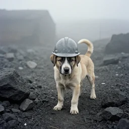 puppy working in a dusty coal mine, wearing hard hat, fog, photo from 1 9 9 8,