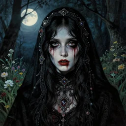 a beautiful but sinister and creepy occultist in layers of fear, with haunted eyes, violence in his eyes, 1 9 7 0 s, seventies, delicate embellishments, a little blood, woodland, moonlight shining on wildflowers, painterly, offset printing technique, by alexandre cabanel