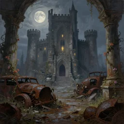 glowing eyes looking at an ancient castle, gray wasteland, rusted junk, rubble, pillars, flowers, vines, hyperrealistic, highly detailed, cinematic, single ray of moon, beautiful, cgssociety, artstation, 8 k, oil painting by greg rutkowski, by artgerm, by wlop