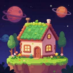 a house on a strange alien planet with native flowers in front of it, from a space themed Serria point and click 2D graphic adventure game, high quality cartoon style graphics