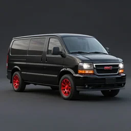 black 1 9 8 3 gmc van with red spoke wheels, full length, photorealistic, 4 k, sharp, very detailed, high resolution, rendered in unreal engine 5