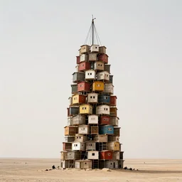 huge towers made up of colourful stacked squatter shacks and makeshift brutalist shelters in a desert, suspension, mamiya, f 1. 7, uniform plain sky, fine details, minimalist, photographed by frans lanting