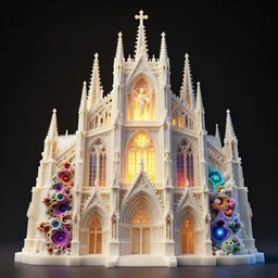 a hyperrealistic 3 d render of a delicate ivory sculpture of an ornate detailed cathedral populated by mandelbrot fractals by android jones, micro detail, unreal engine, volumetric lighting, dramatic lighting, psychedelic, octane renderer, catholicpunk, glowing, white color scheme, photorealistic, physically based rendering, angelic, colorful, carved soap, trending on cgsociety